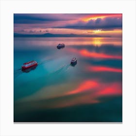 Sunset Boats In The Sea Canvas Print