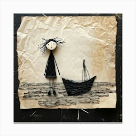 Black And White Stick Figure Resembling A Doll Crafted With Delicate Strokes On Aged Handmade Pape Canvas Print