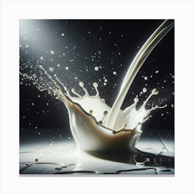 A Close-Up Photograph of Milk Being Spilled on a White Surface with a Black Background Canvas Print