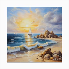 Oil painting design on canvas. Sandy beach rocks. Waves. Sailboat. Seagulls. The sun before sunset.30 Canvas Print