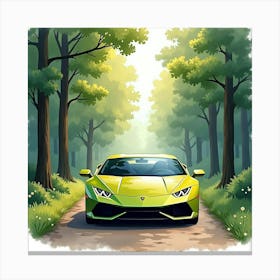 Lamborghini Huracán In A Watercolor Scenic Forest Path 1 Canvas Print