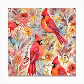 Cardinals And Flowers Canvas Print