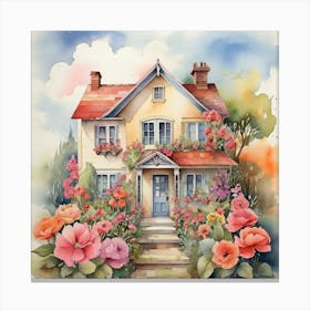 Watercolor House With Flowers Art Print 0 Canvas Print