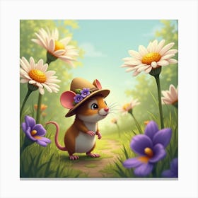 A Tiny Mouse Wearing A Flower Hat, Exploring A Garden Of Giant Daisies And Violets Canvas Print