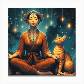 Meditating Woman With Cat 6 Canvas Print