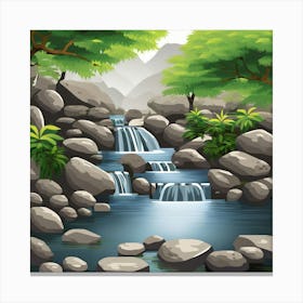 Waterfall In The Forest, A Serene Zen Garden With Flowing Water And Rocks Symbolizing Tranquility And Equilibrium Canvas Print