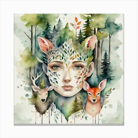 Watercolor Of A Woman And Deer Canvas Print