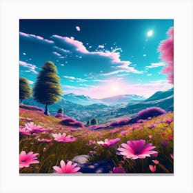 Pink Flowers, Tropical Landscape With Palm Trees, blue sky, wall art, trees, flowers, and sun. good look, Canvas Print