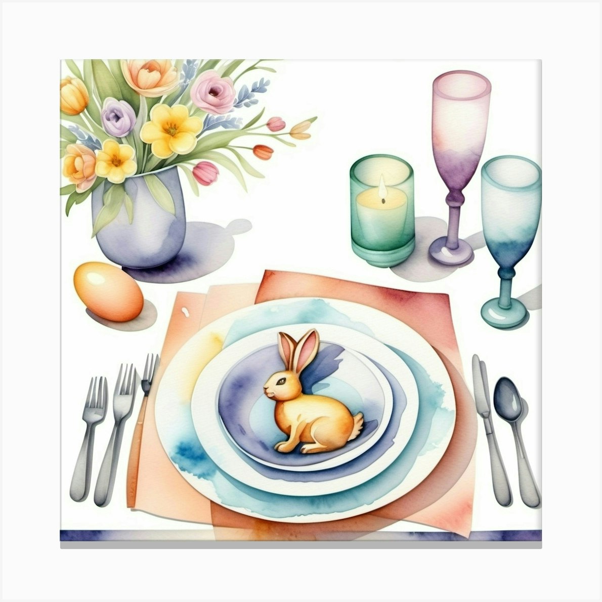 Easter Table Setting With A Flower Bouquet In A Watercolor Painting Style Canvas Print by SmetArt