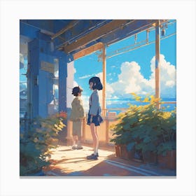 Two Girls Standing In Front Of A Window Canvas Print