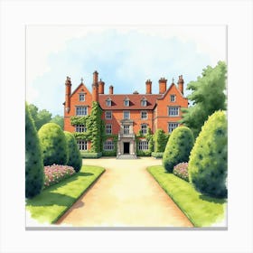 Watercolor Of The Houghton Hall In Norfolk, Capturing Its Grand Design And Beautiful Gardens Canvas Print