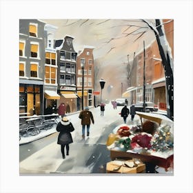 Paris cafes, winter season, Christmas, pale colors, pedestrians in the street, winter clothes, falling snow.4 1 Canvas Print