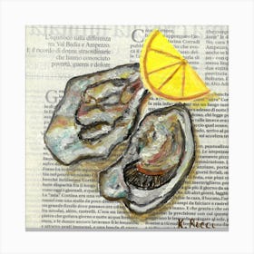 Oysters Seafood On Italain Newspaper Mussels Ocean Inspired Coastal Minimal Kitchen Food Canvas Print