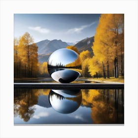 A Metal Ball Construction In A Forest And Mountain Lake By Autumn Canvas Print