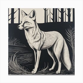 Fox In The Woods Linocut Canvas Print
