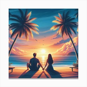 Sunset Couple On The Beach Canvas Print