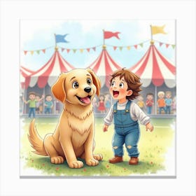 A Labrador Puppy And A Child Having Fun At A Carnival, Watercolor Canvas Print