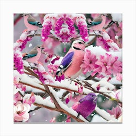 Birds In The Snow- purple floral winter natural art Canvas Print