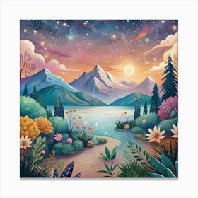 Landscape With Mountains And Flowers 1 Canvas Print