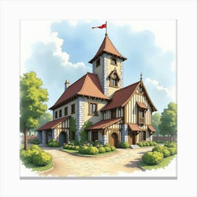 Watercolor View Of The Canterbury Tales Visitor Attraction, Featuring Its Historic Design And Immersive Experience Canvas Print