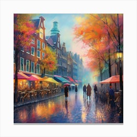 Amsterdam cafes, autumn season, rain, autumn oil colours.Faded colours,People passing on the street, winter clothes, rain umbrellas.8 Canvas Print