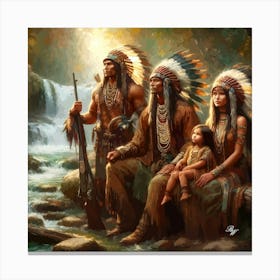 Oil Texture Native American Family By Stream 2 Copy Canvas Print