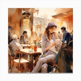 Watercolor Of A Woman In Cafe Canvas Print