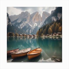 Beautiful Lake With Boats In The Italian Alps Lago Di Braies 3 Canvas Print