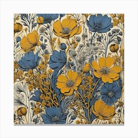 Linocut Flower Meadow Mustard Blue Art Print 1 Canvas Print