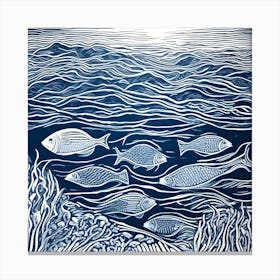 Linocut Fish In The Sea 1 Canvas Print