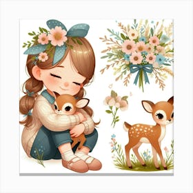 Cute Girl With Deer And Flowers Canvas Print