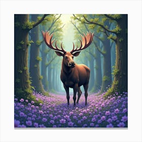 Moose In A Forest Of Violets 1 Canvas Print