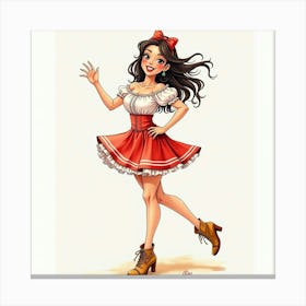 Spanish Girl With A Lively Pose, Watercolor With Dynamic Shades 1 Canvas Print