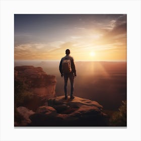 Man Standing On Cliff At Sunset Canvas Print