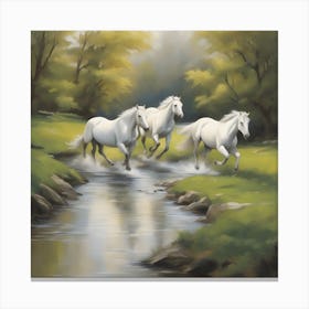 Paint A Dynamic Scene Of White Horses Running Alongside A Meandering Stream In A Pristine Rolling Canvas Print