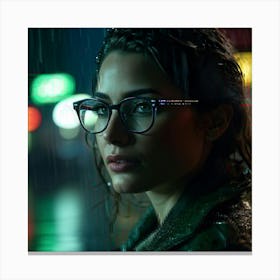 Cinematic Close Up Dramatic Dolly Zoom Effect Woman Wears Glasses Sharp Focus On Face As Rain Dri Canvas Print