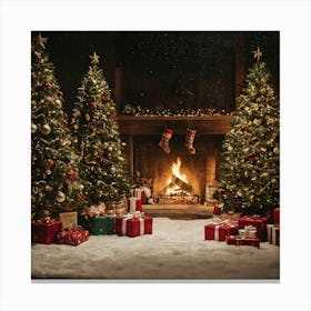 Christmas Trees In Front Of Fireplace Canvas Print