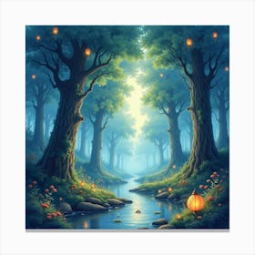 Watercolor Enchanted Forest With Floating Lanterns 1 Canvas Print