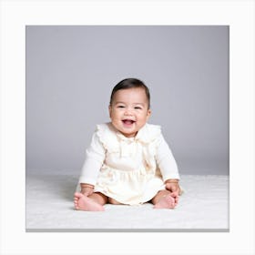 Beaming Infant Grinning Widely Seated In A Softly Lit Studio Space Pastel Colored Backdrop Offers (3) Canvas Print