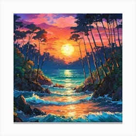 Vibrant Sunset Over a Secluded Beach Surrounded by Forest Canvas Print