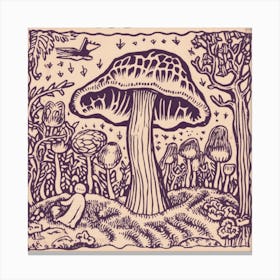 Mushroom Woodcut Purple 8 Canvas Print