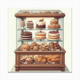 A digital painting of a bakery display case filled with delicious pastries, cakes, cookies, and breads. The case is made of wood and glass, and the background is a light cream color. The bakery case is filled with a variety of baked goods, including cakes, cupcakes, cookies, and pastries. The cakes are decorated with frosting, sprinkles, and fruit. The cupcakes are topped with frosting and sprinkles. The cookies are in a variety of shapes and sizes. The pastries are flaky and golden brown. The bakery case is a mouthwatering display of delicious baked goods. Canvas Print