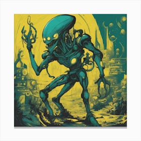 Alien Painted To Mimic Humans, In The Style Of Art Elements, Folk Art Inspired Illustrations, Cart Canvas Print