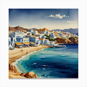 Mykonos Village.Summer on a Greek island. Sea. Sand beach. White houses. Blue roofs. The beauty of the place. Watercolor. Canvas Print