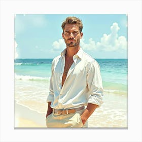 Graceful Man In Watercolor Outfit, Tranquil Beach Scene 1 Canvas Print