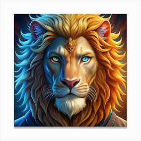 Lion With A Golden Crown And Blue Eyes Canvas Print