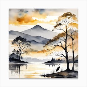 Heron scene in grey and gold 1 Canvas Print