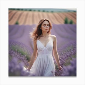 Beautiful Woman In White Dress In A Lavander Field 0 1 Canvas Print