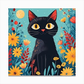 Black Cat In Flowers Canvas Print