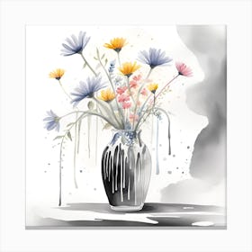 Watercolor Flowers In A Vase Monochromatic 3 Canvas Print